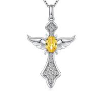 Jiahanzb Sterling Silver Angel Wing Birthstone Cross Pendant Necklace for Women Diamond Cross Necklaces Topaz CZ Pendants Jewelry Men November Birthday