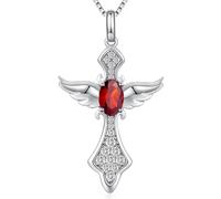 Jiahanzb Sterling Silver Angel Wing Cross Necklace Birthstone Pendant for Women Red Diamond Necklaces Garnet Crosses Jewelry Men January Birthday