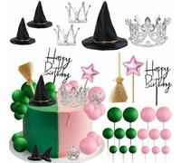 JIAHAO 25 Pcs Witch Cake Toppers, Witch Hat Crown Broom Green and Pink Balls Cake Decorations for Halloween Witch Theme Birthday Party Decorations Supplies