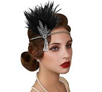 JIAHG 1920s Flapper Headpiece Feather Tassel Gatsby Headband Vintage Peacock Mardi Gras Headpiece Fancy Dress Beaded Roaring 20s Hair Accessory Black Fascinator for Halloween Costume Prom Carnival