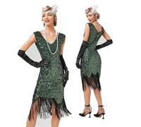 JIAHG 1920s Gatsby Flapper Dress for Women, Shiny Sequin Fringe Cocktail Party Dress, Vintage Roaring 20s Evening Dress Elegant Retro Formal Dress (UK, Alpha, XXL, Plus, Tall, Green)