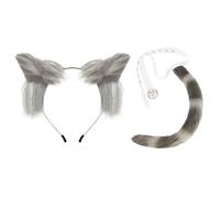 JIAHG 2Pcs Fuzzy Faux Fur Cat Ears Tail Set Plush Cute Adult Animal Wolf Fox Headband Tail Halloween Costume Accessories Dress Up Party Cosplay Prop for Carnival Festival Stage Performance (Gray)