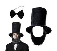 JIAHG 3Pcs Abraham Costume Hat Beard Bow Tie Set, Black Gentlemen Top Hat, Patriotic President Uncle Sam Cosplay Accessory for Men Halloween Fancy Dress Party Outfit