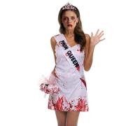 JIAHG 4pcs Women Zombie Bride Costume Set Bloody Dress Bouquet Prom Queen Sash Crown for Vampire Corpse Halloween Cosplay Party