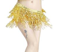 JIAHG Belly Dance Sequin Fringe Hip Wrap Scarf Adjustable Tie Waist Sparkly Tassel Skirt for Dance Performance Festival Party Carnival (Gold)