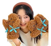 JIAHG Cute Puppy Plush Mittens with Bow, Warm Sherpa Winter Gloves with Neck Strap, Fleece Full Finger Cartoon Dog Hand Warmers for Women, Teen Girls & Students, Gift for Christmas (Brown)