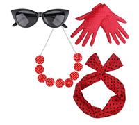 JIAHG Ladies 1950s Vintage Costume Accessories with Black Dot Girls Women Bandana Tie Headband Cat Eye Glasses Gloves Necklace Outfit for Halloween Cosplay Themed Party Stage Dancer