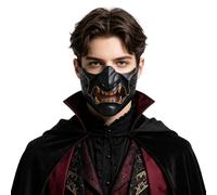 JIAHG Latex Half Face Oni Mask Japanese Samurai Hannya Demon Mask Black Gold Teeth Warrior Half Face Cover for Halloween Cosplay Costume Party Prop