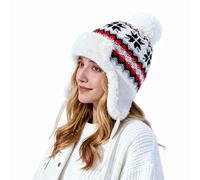 JIAHG Winter Warm Knit Beanie Hat with Ear Flaps Jacquard Pom Pom Hat Cozy Plush Lined Trapper Earflap Hat Thermal Wool Hat Windproof Ski Snow Cap Gift for Women Girls