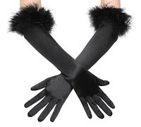 JIAHG Women Black Feather Gloves Ladies 1920s Long Evening Opera Gloves Halloween Fancy Dress Gloves Handwear Wedding Bridal Satin Gloves Halloween Party Prom Gloves Costume Accessory