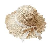 JIAHG Women Girls Ruffle Brim Straw Sun Hat Lace Bowknot Priness Beach Hat Wide Brim Crochet Bucket Hats Ladies Elegant UV Protection Woven Straw Hats for Garden Travel Holiday Outdoor Beige
