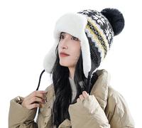 JIAHG Women's Winter Warm Knit Bobble Beanie Hat with Ear Flaps, Jacquard Pom Pom, Cozy Plush Lined Trapper Hat, Thermal Wool, Windproof, Ski Snow Cap, Gift for Women Girls