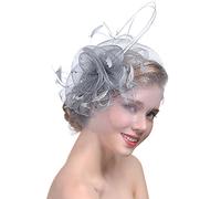 JIAHGUK Women Elegant Feather Net Fascinator Hat Wedding Bride Flower Mesh Hair Clips Veil Headpiece Headband Ladies Vintage Handmade Hairpin for Ascot Ball Banquet Cocktail Party Festival Cap Grey