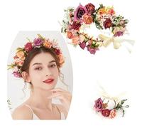 Jiahuade Flower Headband Garland, Crown Flower Hair, Garland Headdress and Bracelet Set, Flower Headband with Ribbon, Beautifully Crafted Flower Crown (A, 16 cm)