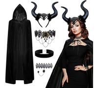 Jiahuade Halloween Costume Women's Headband with Demon Horn, Evil Queen Halloween Costume Cape with Hood, Retro Necklace Bracelet Cosplay Set, for Halloween Cosplay Masquerade Accessories