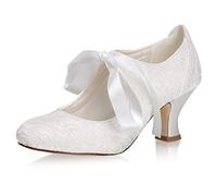 JIAIIA 110111 Women's Memory Foam Bridal Shoes Closed Toe 2.4'' Block Mid Heel Lace Satin Pumps Ribbon Tie Wedding Shoes Colour Ivory,Size 4 UK/37 EU