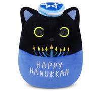 JIAJEGTGT Hanukkah Black Cat Plush,Cute Animal Stuffed Toys,Hanukkah Decorations Plush Pillow with Star of David and Candelabra,Great Gift for Jews Boys Girls