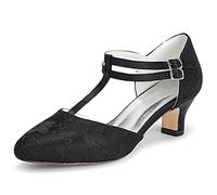 JIAJIA 00968 Women's Bridal Shoes Closed Toe T-Strap Block Low Heel Lace Satin Pumps Wedding Shoes Colour Black,Size 7 UK/41 EU