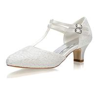 JIAJIA 00968 Women's Bridal Shoes Closed Toe T-Strap Block Low Heel Lace Satin Pumps Wedding Shoes Colour Ivory,Size 5.5 UK/39 EU