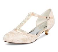 JIAJIA 01129 Women's Bridal Shoes Closed Toe T-Strap 1.8'' Low Heel Lace Satin Pumps Imitation Wedding Shoes Colour Champagne,Size 5.5 UK/39 EU