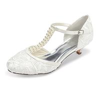 JIAJIA 01129 Women's Bridal Shoes Closed Toe T-Strap 1.8'' Low Heel Lace Satin Pumps Imitation Wedding Shoes Colour Ivory,Size 7 UK/41 EU