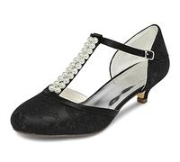 JIAJIA 01129 Women's Bridal Shoes Closed Toe T-Strap 1.8'' Low Heel Lace Satin Pumps Imitation Wedding Shoes Colour Black,Size 7 UK/41 EU