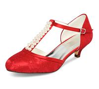 JIAJIA 01129 Women's Bridal Shoes Closed Toe T-Strap 1.8'' Low Heel Lace Satin Pumps Imitation Wedding Shoes Colour Red,Size 5.5 UK/39 EU
