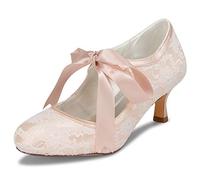 JIAJIA 140311 Bridal Lace Satin Low Heel Closed Toe Prom Party Dance Wedding Shoes Color Champagne,Size 4 UK / 37 EU