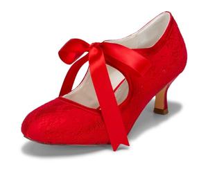 JIAJIA 140311 Bridal Lace Satin Low Heel Closed Toe Prom Party Dance Wedding Shoes Color Red,Size 7 UK / 41 EU