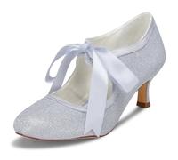 JIAJIA 140311 Bridal Lace Satin Low Heel Closed Toe Prom Party Dance Wedding Shoes Color Silver,Size 7 UK / 41 EU