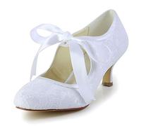 JIAJIA 140311 Bridal Lace Satin Low Heel Closed Toe Prom Party Dance Wedding Shoes Color White,Size 5 UK / 38 EU