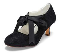 JIAJIA 140311 Women's Bridal Shoes Closed Toe Stiletto Heel Lace Satin Pumps Ribbon Tie Wedding Shoes, Black, Medium