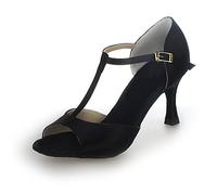 JIAJIA 20511 Latin Women's Sandals 2.7'' Flared Heel Super Satin Dance Shoes Color Black,Size 8 UK / 42 EU