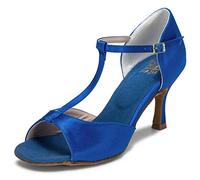 JIAJIA 20511 Latin Women's Sandals 2.7'' Flared Heel Super Satin Dance Shoes Color Blue,Size 5.5 UK / 39 EU