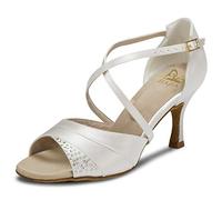 JIAJIA 20522 Latin Women's Sandals 2.95'' Flared Heel Super Satin Dance Shoes Color Ivory,Size 1 UK / 34 EU