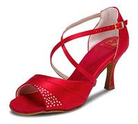 JIAJIA 20522 Latin Women's Sandals 2.7'' Flared Heel Super Satin Dance Shoes Color Red,Size 6.5 UK / 40 EU