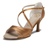 JIAJIA 20522 Women's Satin Sandals Flared Heel Latin Salsa Performance Dance Shoes, Tan, Medium