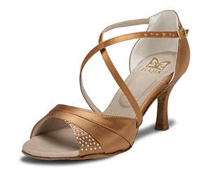 JIAJIA 20522 Women's Satin Sandals Flared Heel Latin Salsa Performance Dance Shoes, Tan, Medium
