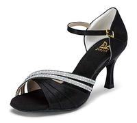 JIAJIA 20524 Latin Women's Sandals 2.7'' Flared Heel Super Satin Dance Shoes Color Black,Size 8 UK / 42 EU