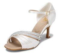 JIAJIA 20524 Latin Women's Sandals 2.7'' Flared Heel Super Satin Dance Shoes Color Ivory,Size 8 UK / 42 EU