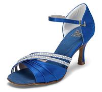 JIAJIA 20524 Latin Women's Sandals 2.95'' Flared Heel Super Satin Dance Shoes Color Blue,Size 5.5 UK / 39 EU