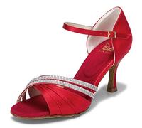 JIAJIA 20524 Latin Women's Sandals 2.95'' Flared Heel Super Satin Dance Shoes Color Red,Size 3 UK / 36 EU