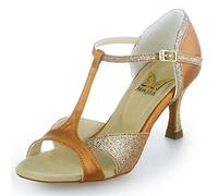 JIAJIA 2055 Latin Women's Sandals 2.95'' Flared Heel Super Satin with Sparkling Glitter Dance Shoes Color Tan,Size 3 UK / 36 EU