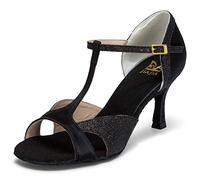 JIAJIA 2055 Latin Women's Sandals 2.95'' Flared Heel Super Satin with Sparkling Glitter Dance Shoes Color Black,Size 3 UK / 36 EU