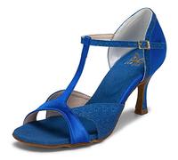 JIAJIA 2055 Latin Women's Sandals 2.95'' Flared Heel Super Satin with Sparkling Glitter Dance Shoes Color Blue,Size 6.5 UK / 40 EU