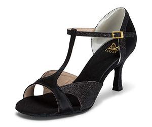 JIAJIA 2055 Latin Women's Sandals 2.95'' Flared Heel Super Satin with Sparkling Glitter Dance Shoes Color Black,Size 8 UK / 42 EU