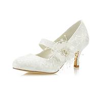 JIAJIA 586449B Women's Bridal Shoes Closed Toe 2.5" Stiletto Heel Lace Satin Pumps Satin Flower Imitation Wedding Shoes, Ivory, 6 UK