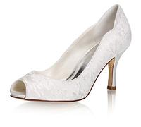 JIAJIA A31B58A Women's Bridal Shoes Peep Toe 3.1'' Stiletto Mid Heel Lace Satin Pumps Wedding Shoes Colour Ivory,Size 4 UK/37 EU