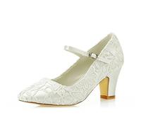 JIAJIA Mrs Right 62311C Women's Bridal Shoes Closed Toe Chunky Heel Lace Satin Pumps Wedding Shoes Colour Ivory,Size 4 UK/37 EU