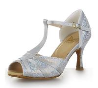 JIAJIA Y20524 Latin Women's Sandals 2.95'' Flared Heel Super Satin with Sparkling Glitter Dance Shoes Silver, 3 UK / 36 EU